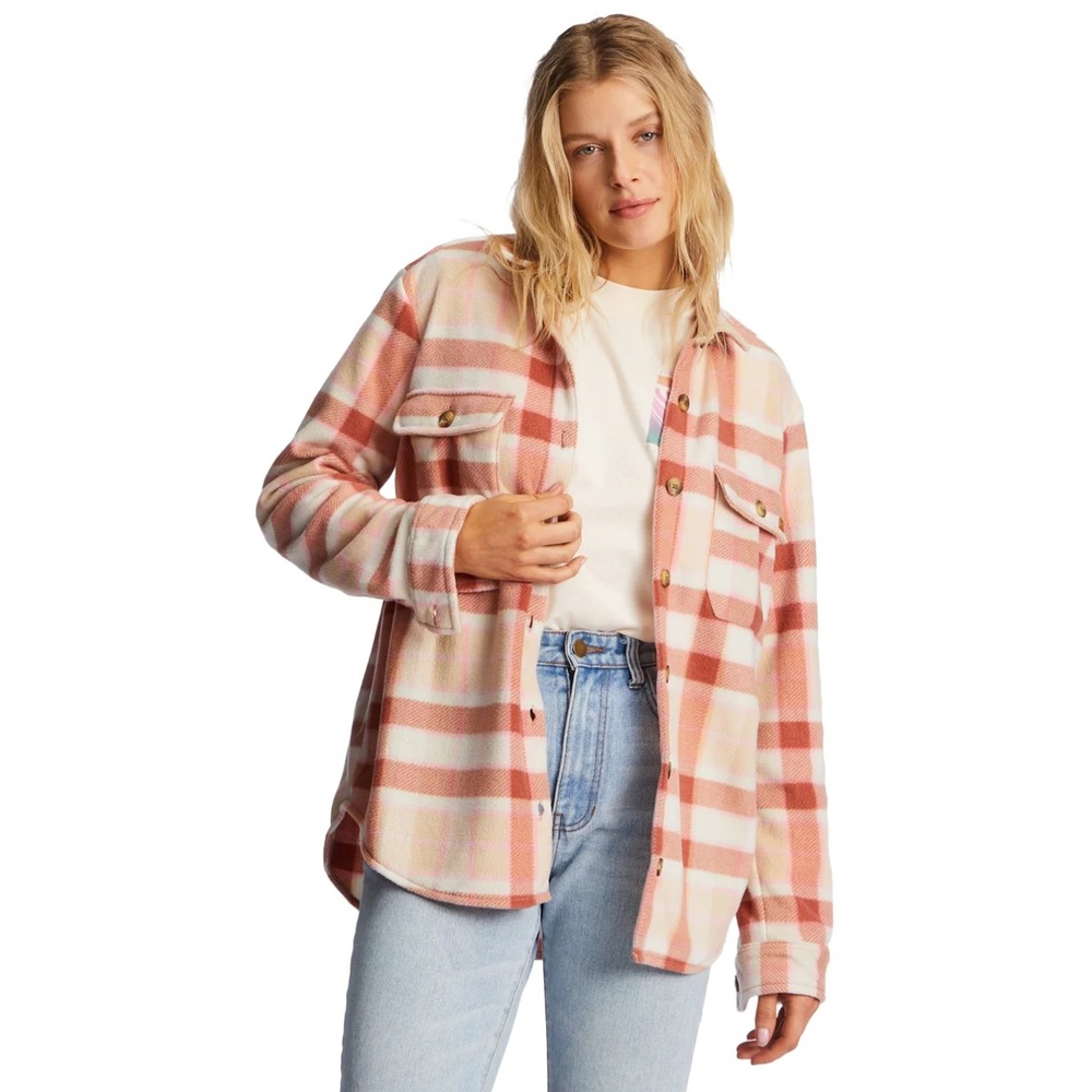 Billabong Shacket Womens Medium Peach Forge Plaid Fleece Shirt Jacket Outdoor